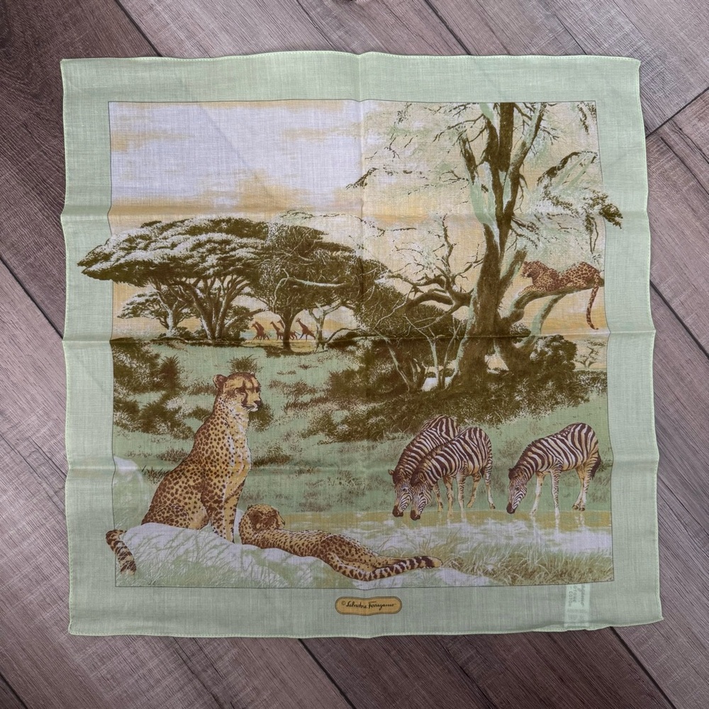 Vintage Ferragamo Safari Animal Print Handkerchief Scarf New with Tags in Mint